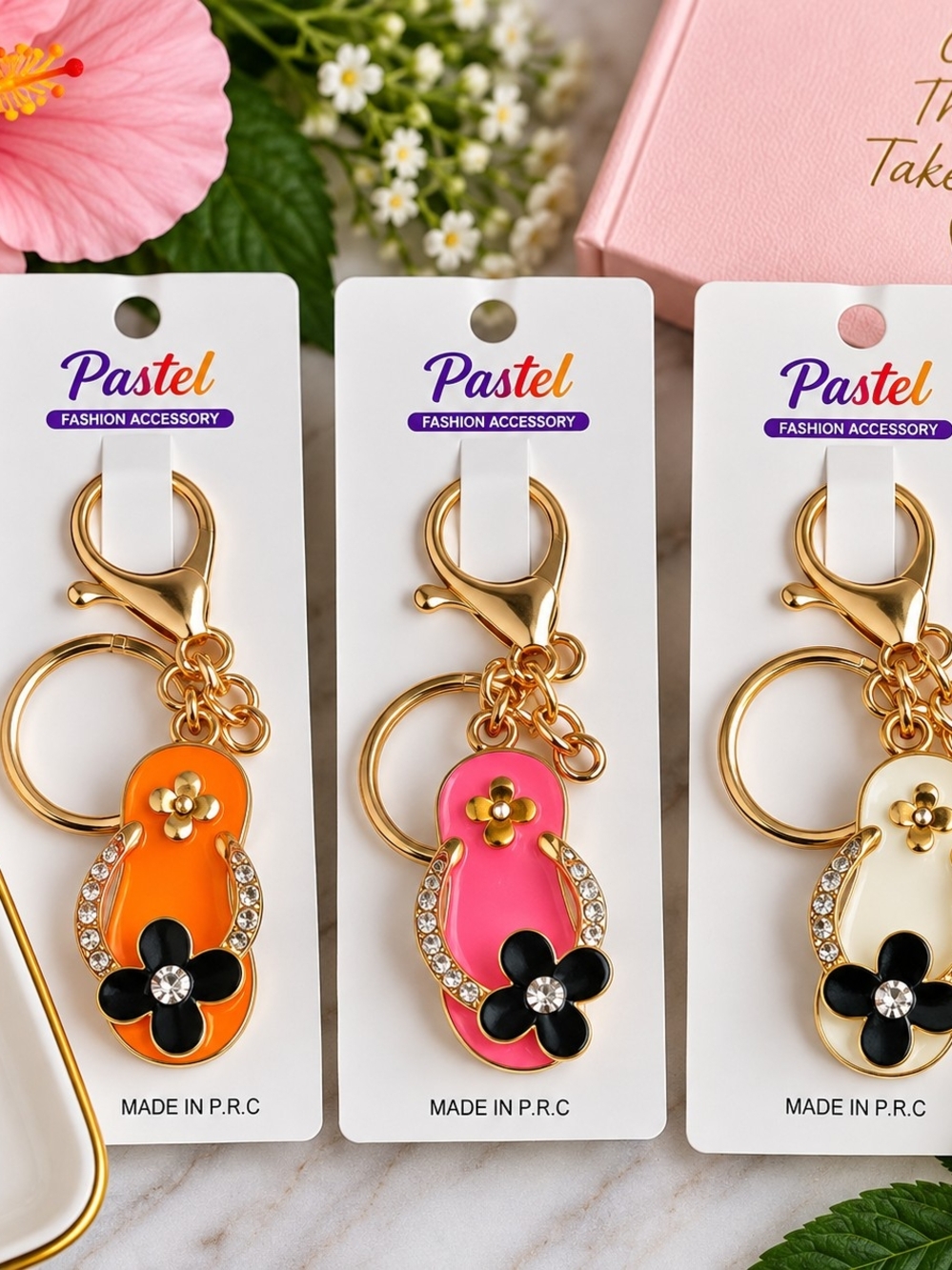 Pastel Floral Flip Flop Purse Charm Keychain – Gold Tone